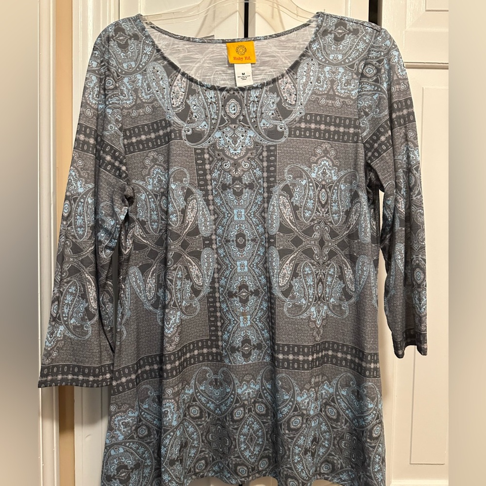 Ruby Rd.  Blue and gray blouse. Thin. Lightweight. Size Medium.